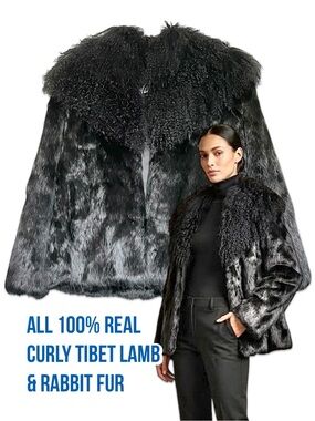 Niki Curly Tibet Lamb & Rabbit Mixed Fur Black coat size Medium new Jacket